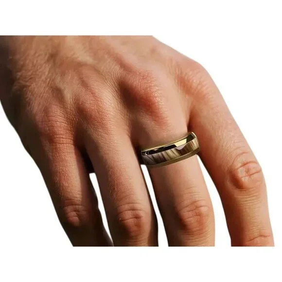 Tungsten Steel Men's Fashion Ring High Polished Brown Marble & gold plated rims - Picture 4 of 5